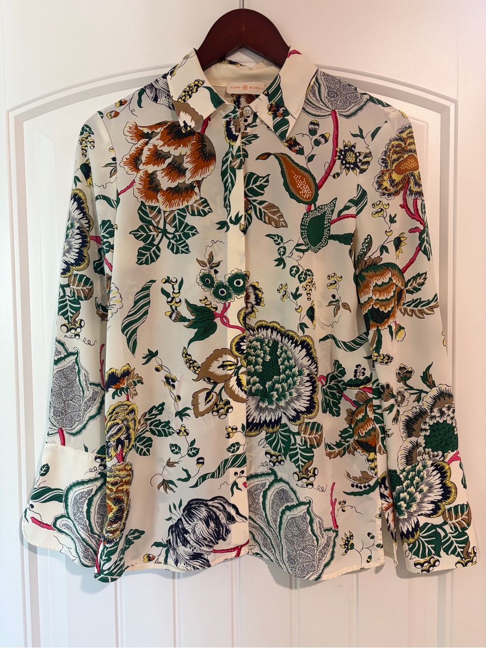 Tory Burch 100% Silk Cream Botanical Print Long Sleeve Blouse